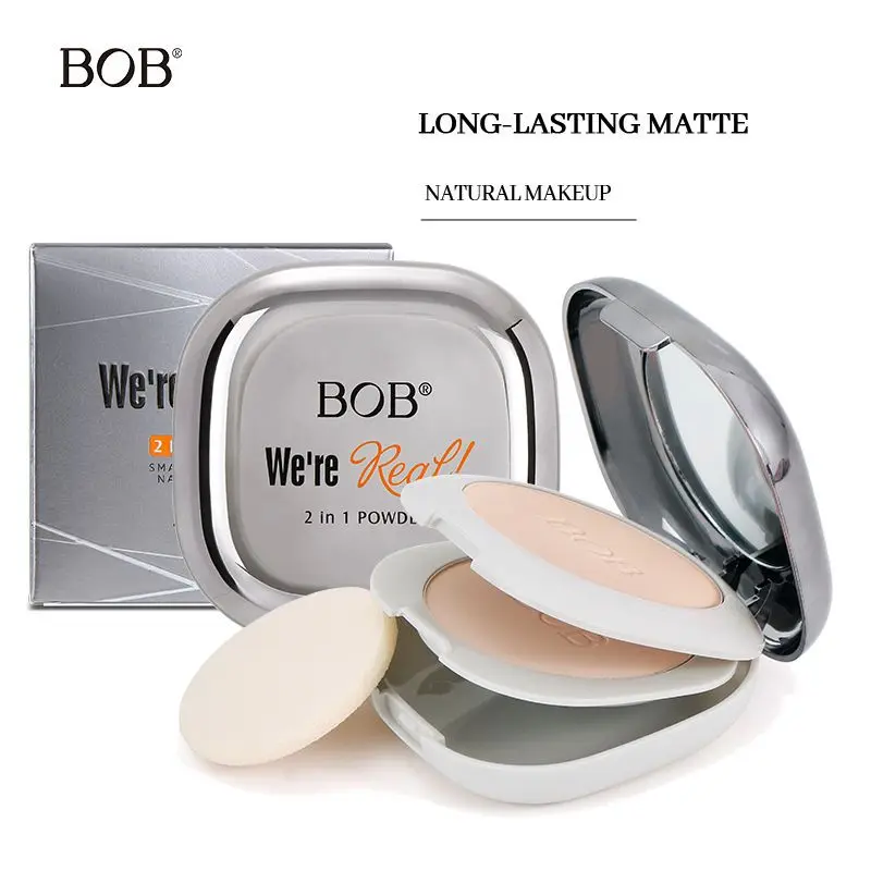 Polvo Facial Mate de Dos Capas BOB – Fijación y Retoque, Control de Grasa, Larga Duración, Disimulador e Hidratante, Iluminador, Uso en Seco/Húmedo