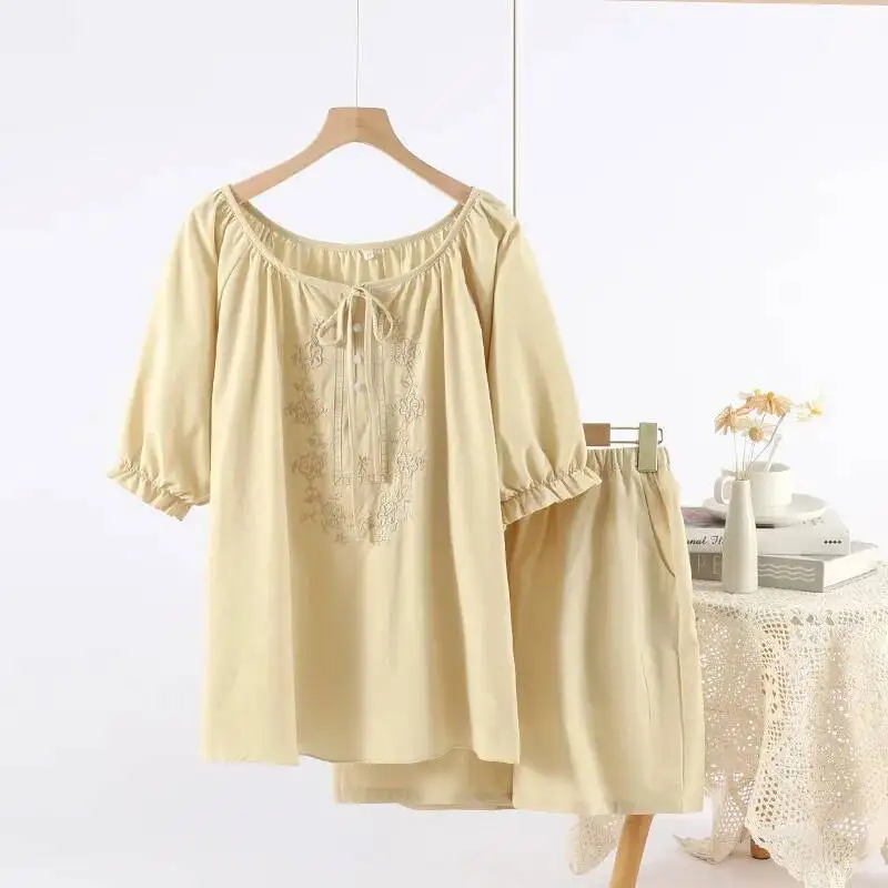 

Женская летняя корейская модная вышивка, милая и милая домашняя одежда в стиле принцессы, шорты с короткими рукавами, пижамный комплект