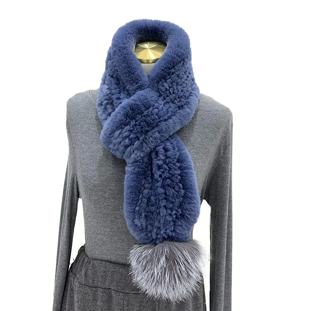 Women Real Rex Rabbit Fur Scarf With Silver Fox Fur Pom pom Neckerchief Outdoor Warm Fluffy Soft