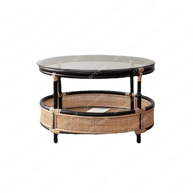 

M round rattan coffee table retro glass low table simple coffee table