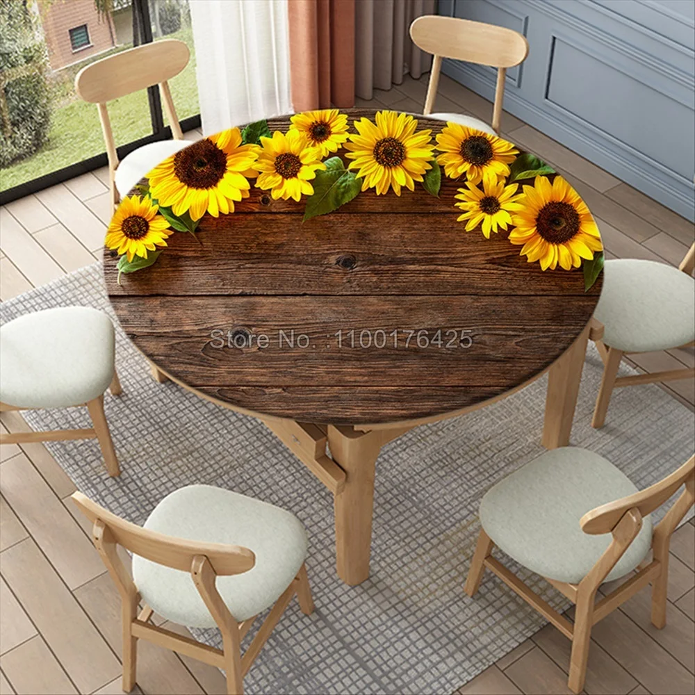 3D Printing Sunflower Round Tablecloth Fitted Elastic Waterproof Table Cover for Dining Table Accessories Outdoor Decor