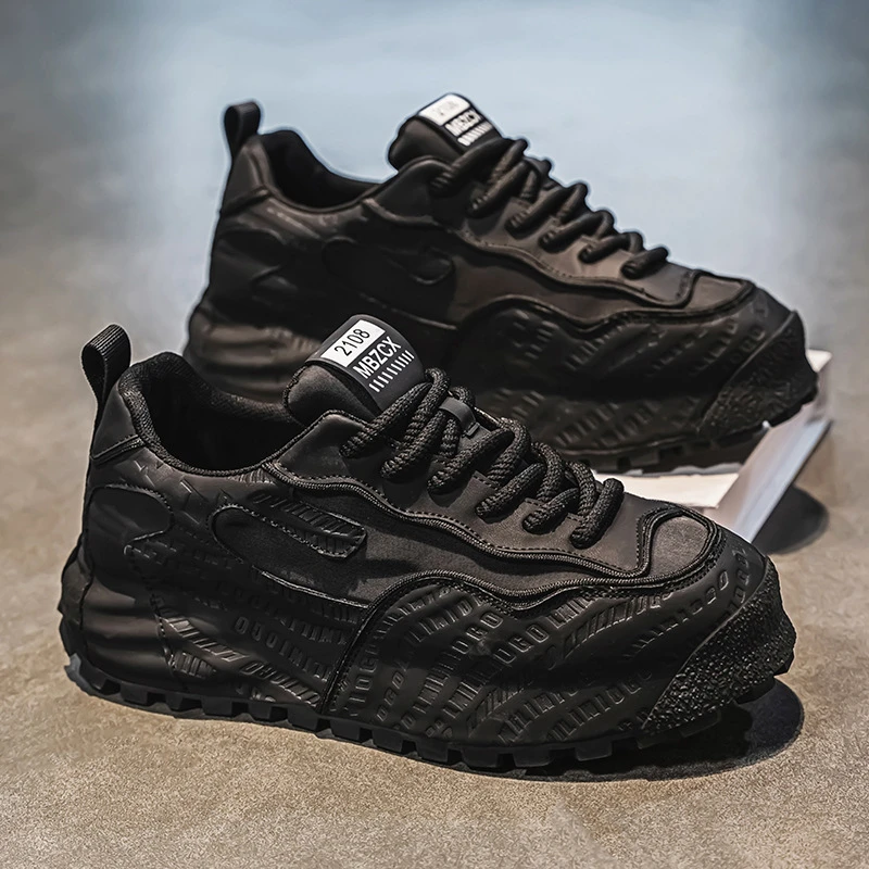 New European‑Style Men Chunky Sneakers Embossed Leather Wrap‑Around Thick‑Soft‑Sole American Trendy Casual Street Sports Shoes