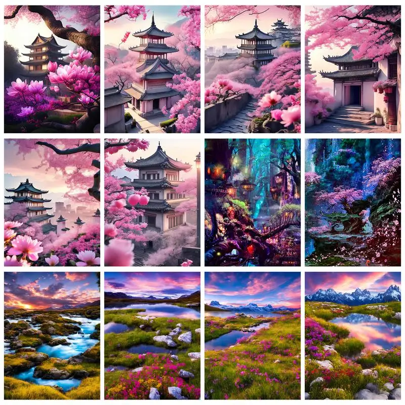 RUOPOTY Picture With Numbers Red Cherry Pagoda Digital Painting For Beginner on Canvas Oil Picture Drawing Coloring Home Decor