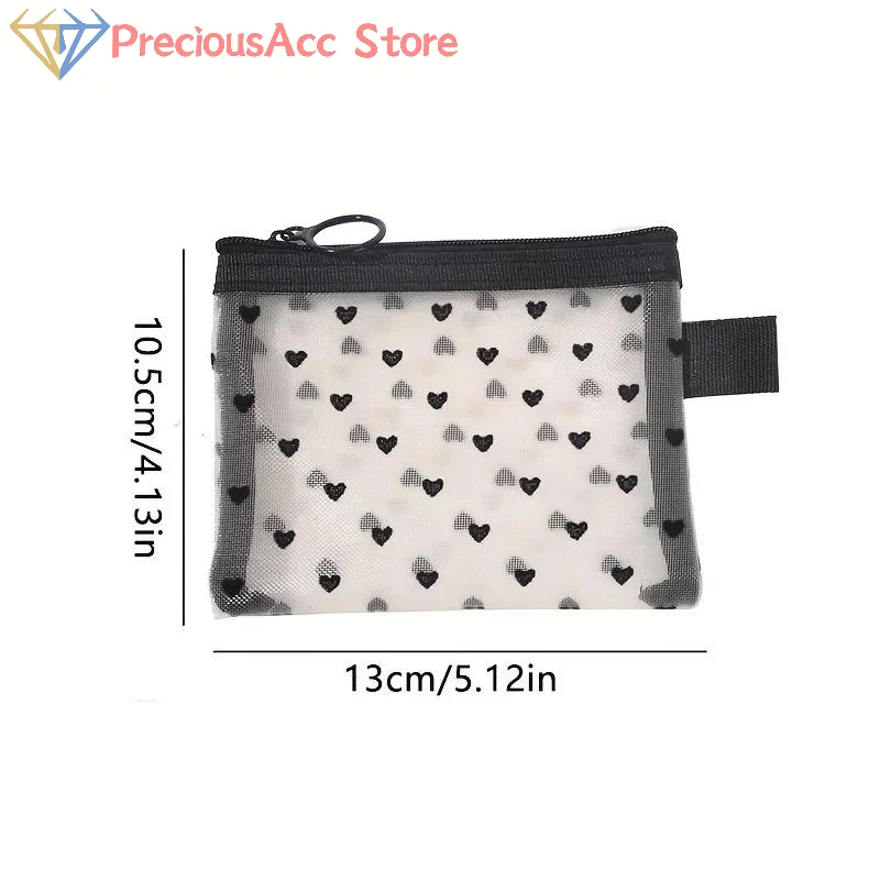 Transparent Mesh Makeup Bag Black Heart Pattern Cosmetic Pouch Smooth Zipper Travel Organizer for Toiletries and Daily Use