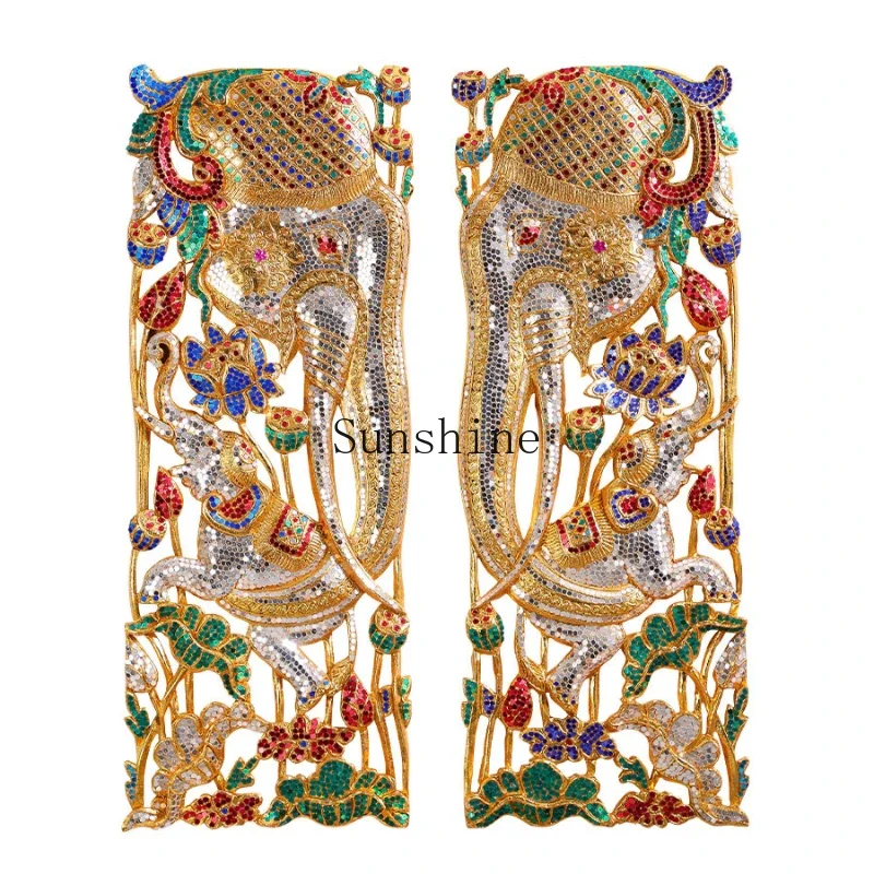 

Thai wood carving wall hanging living room entrance Thai elephant decoration pendant handicraft engraving board