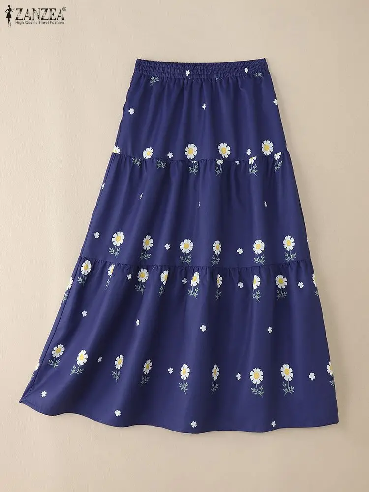 2025年 ザンゼア 秋 カジュアル エラスティックウエスト スカート おしゃれ レディース スカート ヴィンテージ ホリデー 花柄プリント ファルダス サイヤ Aライン ミディ丈 ローブ