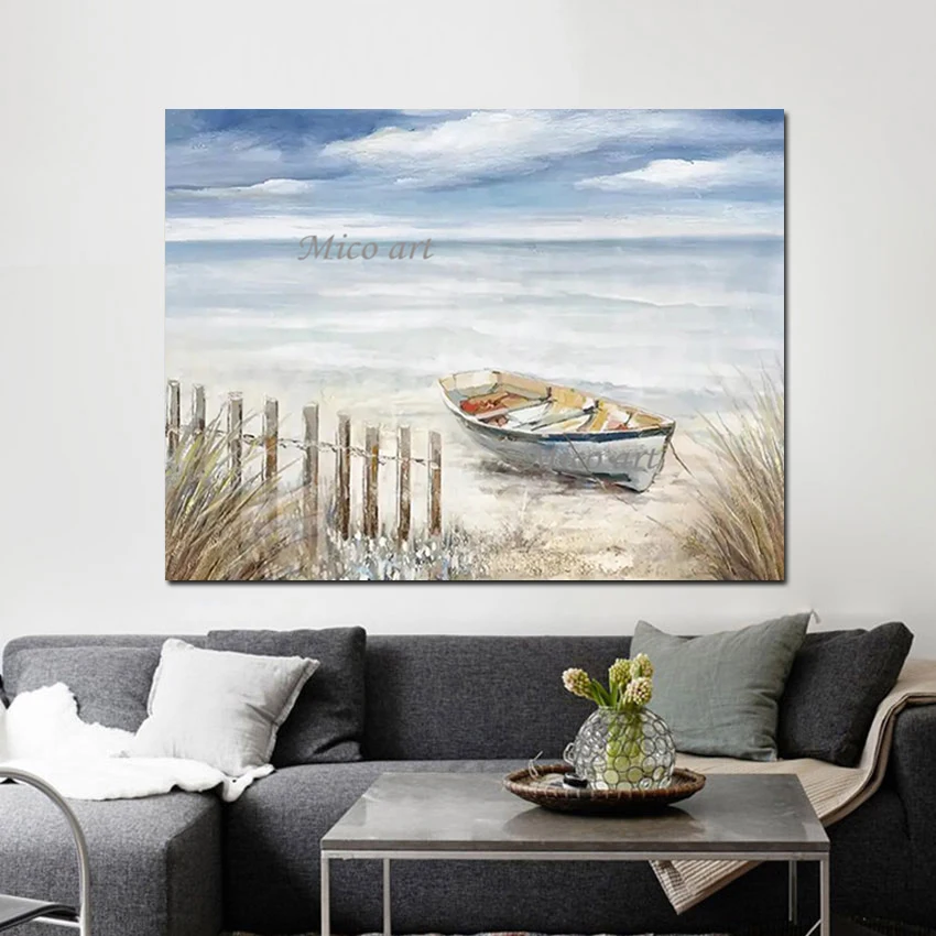 

3D Seaside Abstract Boat Picture Linen Canvas Art Restaurant Decor Simple Landscape Oil Painting No Framed High Quality Wall
