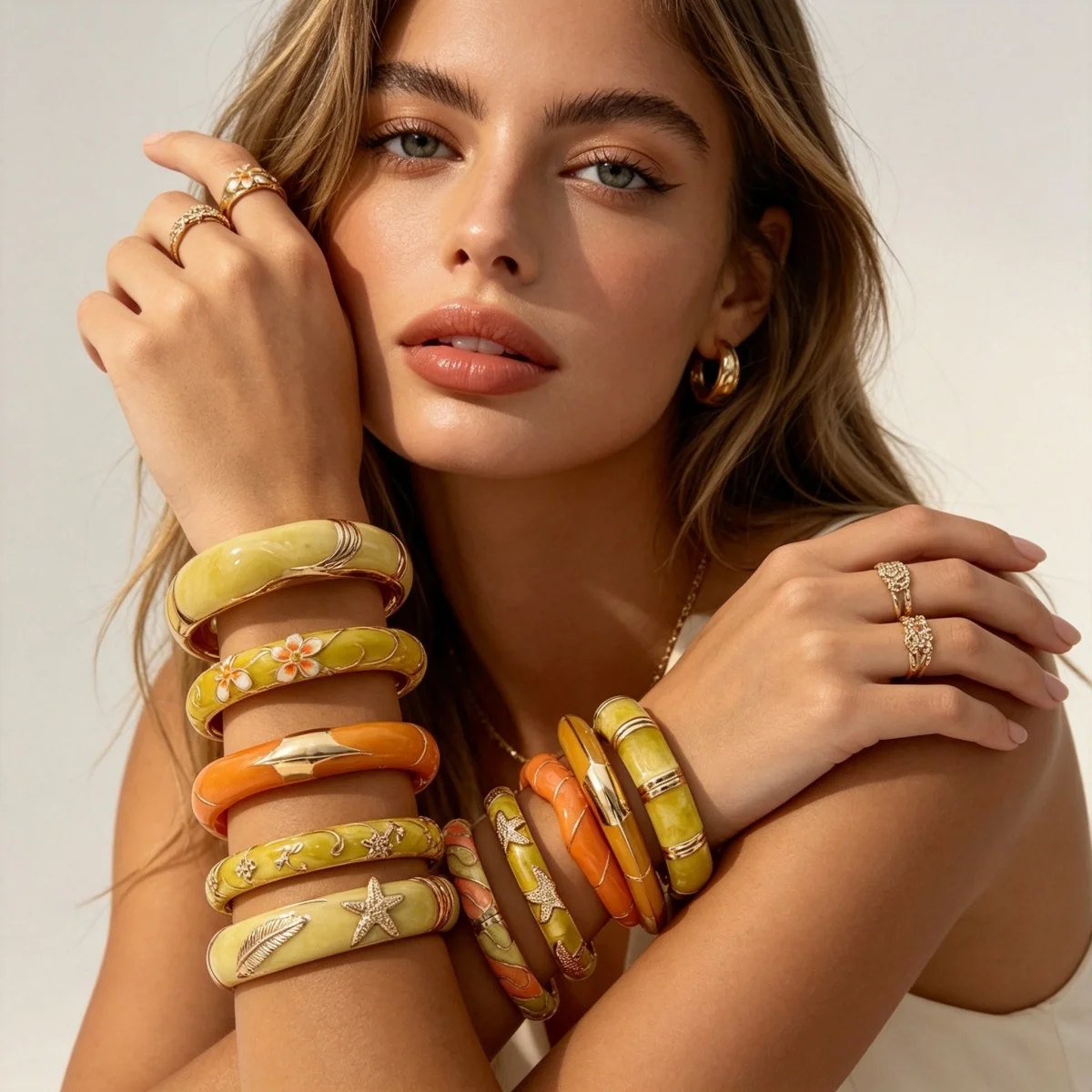 Modische Gelbe Emaille-Manschettenarmbänder für Damen und Herren, Retro-Stil mit Ast-, Wellen-, Stern-, Blatt-, Blumen- und Bambus-Motiven, Armschmuck – Detail 20