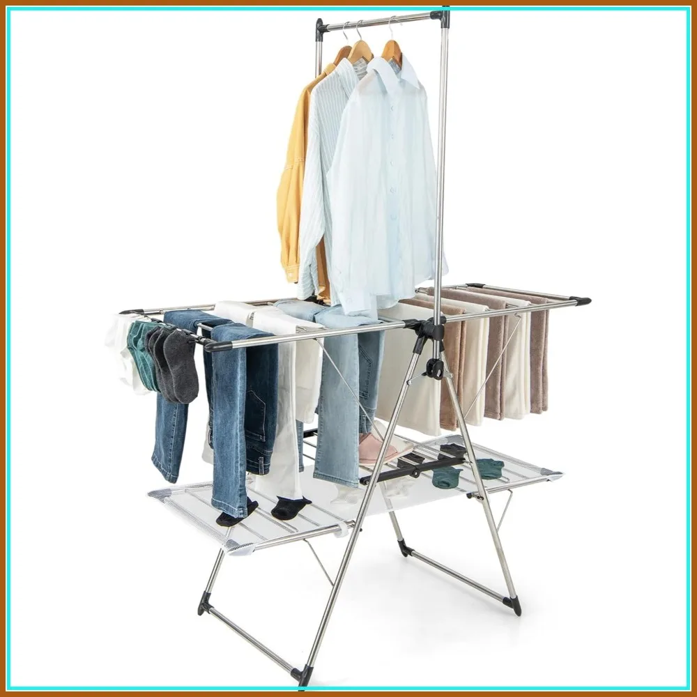 

Foldable Stainless Steel Clothes Drying Rack, 6-Level Adjustable Height, Space Saving Laundry Rack with Side Clips