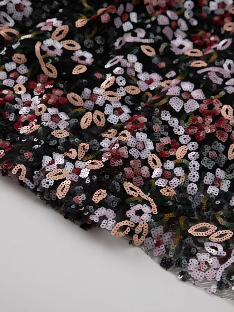 DSXDFACAIRIJ Women's Sequins Embroidery Mesh Long Dress O-Neck Flare Sleeve Vintage Ball Gown Summer Fashion Elegant Female