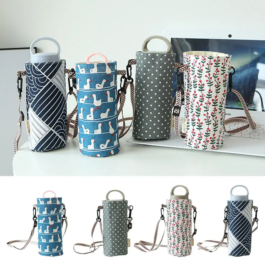 Water Bottle Storage Bag Canvas Portable Water Bottle Holder Cute Cup Cover With Strap Insulator Sleeve Bag For Kids Access Q9W0