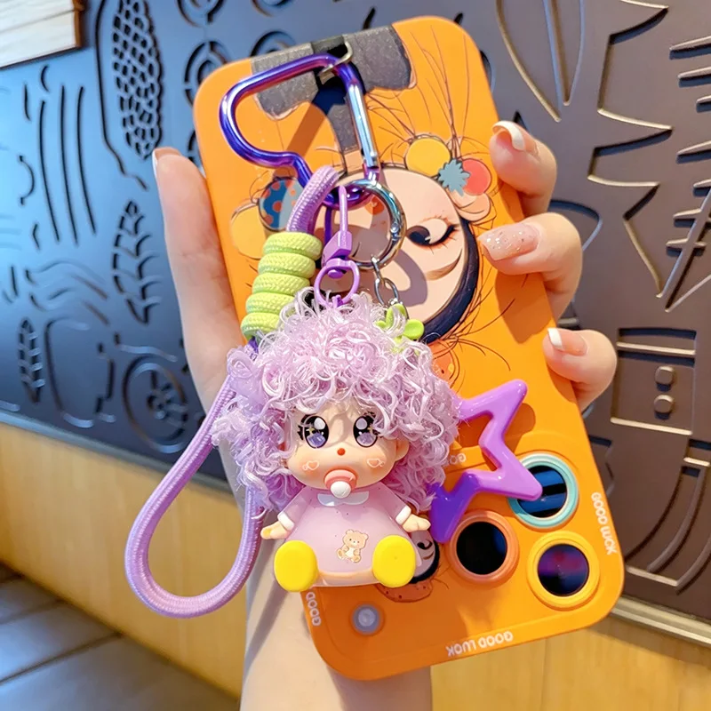 Original Cartoon Trendy Spiky Pacifier Doll Keychain Curly Hair Doll Pendant  Car Key Bag Charm Small Gift Phone Accessories