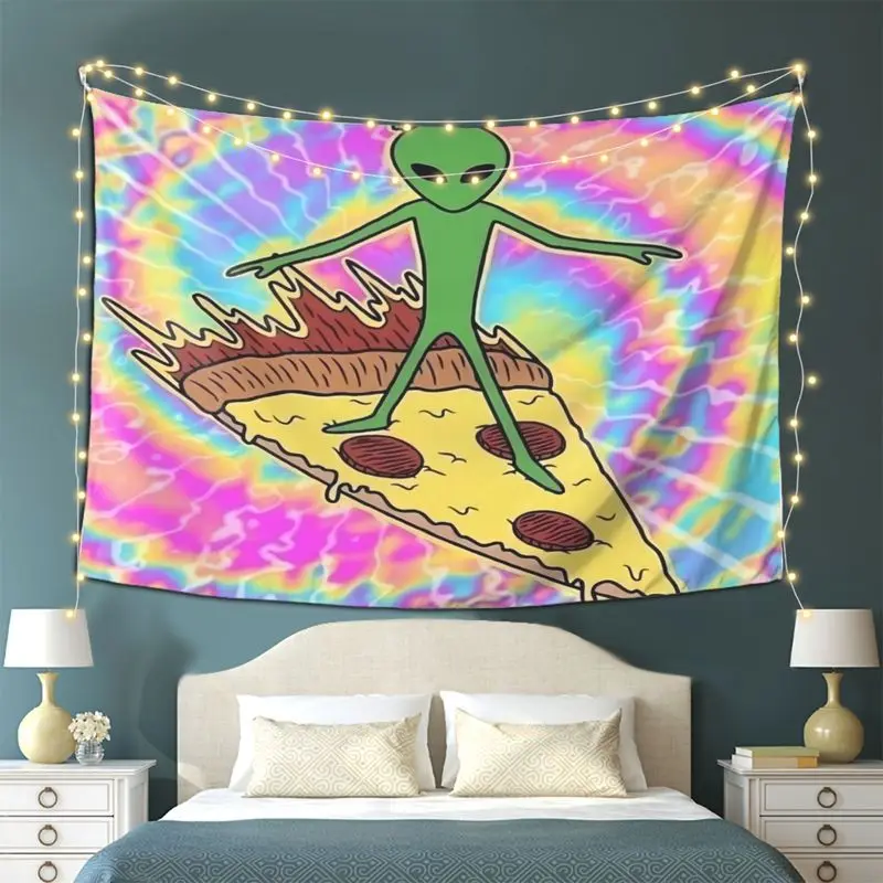 VIKAMA Quirky Alien Pizza Tapestry, Psychedelic Tie-Dye Cartoon Wall Hanging, Trendy Aesthetic Wall Decor for Bedroom and Dorm
