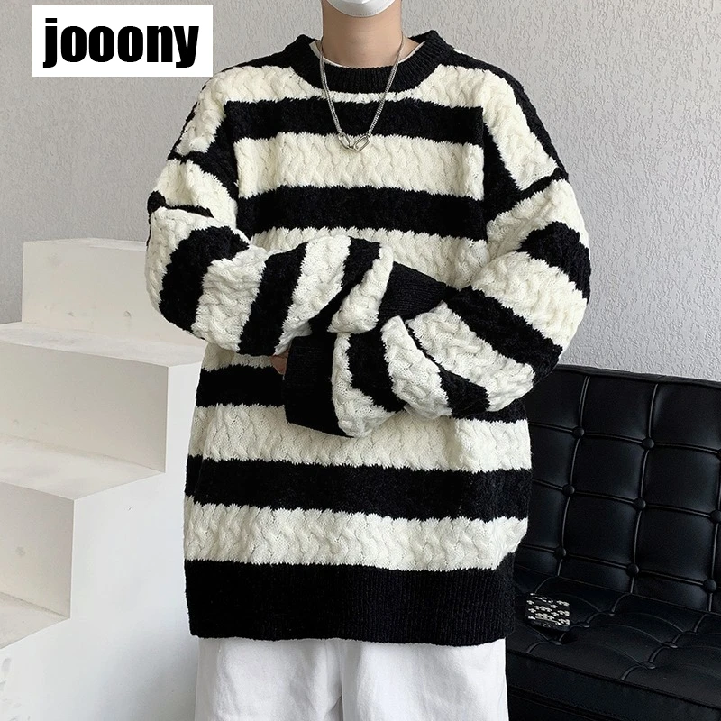 캐주얼 풀오버 올매치 따뜻한 니트 상의, 스플라이스 루즈 한국 스트라이프 스웨터, O-넥 남성 의류, 다목적 신상 패션