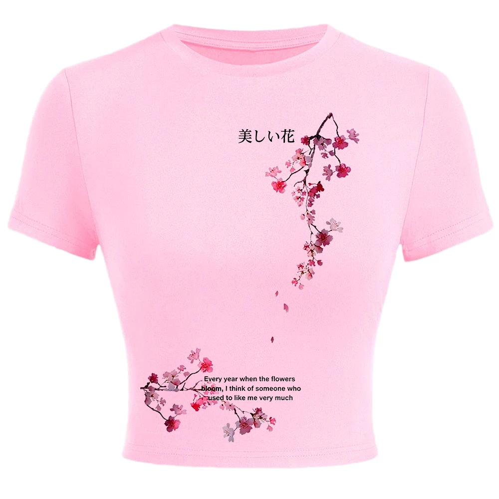 Beautiful Sakura Branches Prints Womens Crop Tops Summer High Elastic O-Neck Tees Sexy Slim T Shirt Comfortable Soft Clothes