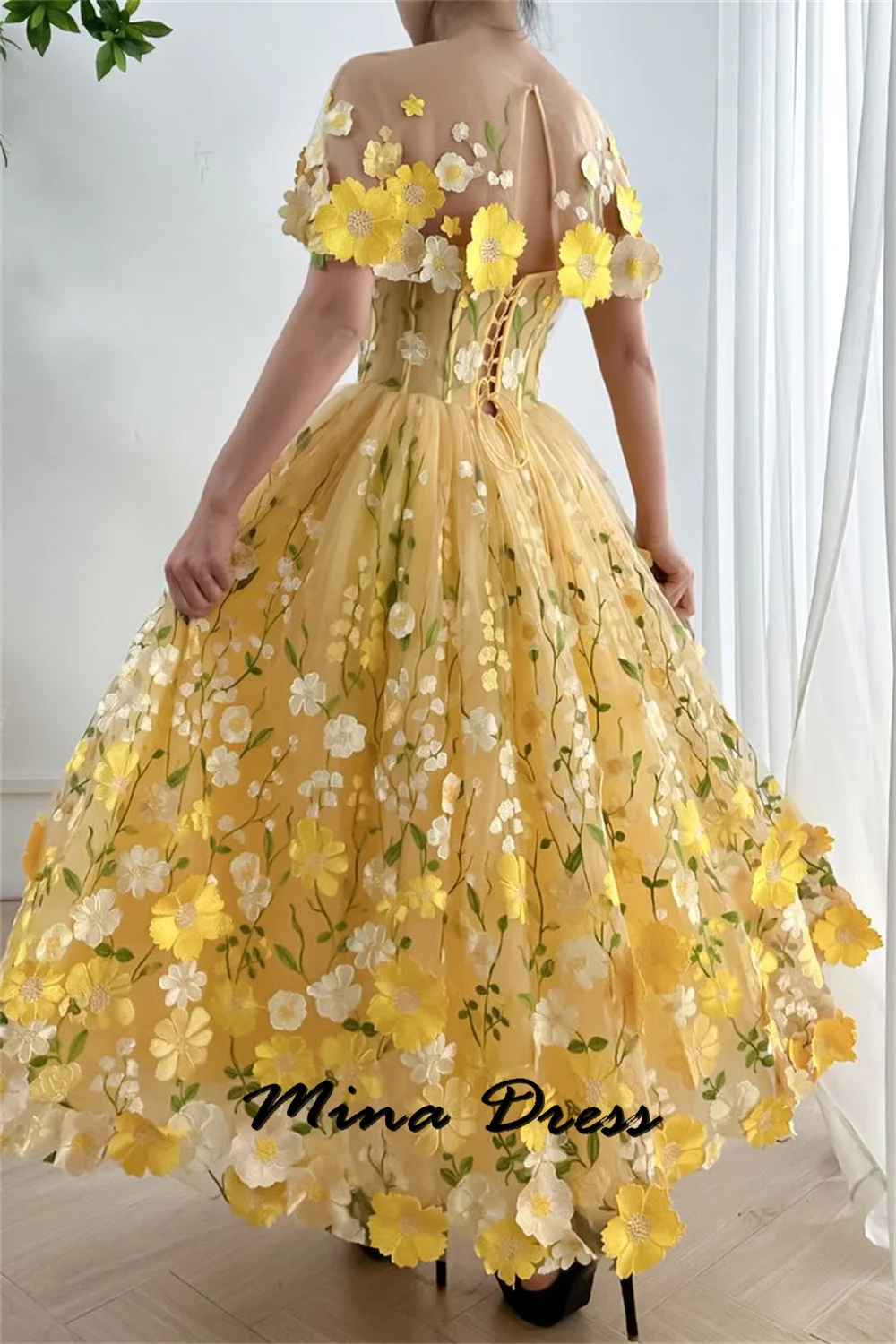 Mina-Yellow Flower Sticker A-shaped Ball Dress Elegant Detachable Shawl and Ankle Length 2024 Summer Fashion