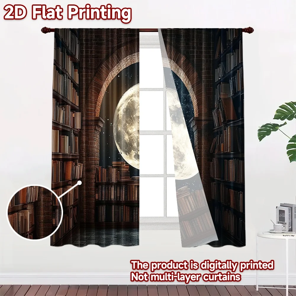 2D flat 2pcs Curtain Modern Minimalist Style Moonlit Library Arch Digitally printed polyester Festive Curtains Use for Yard &
