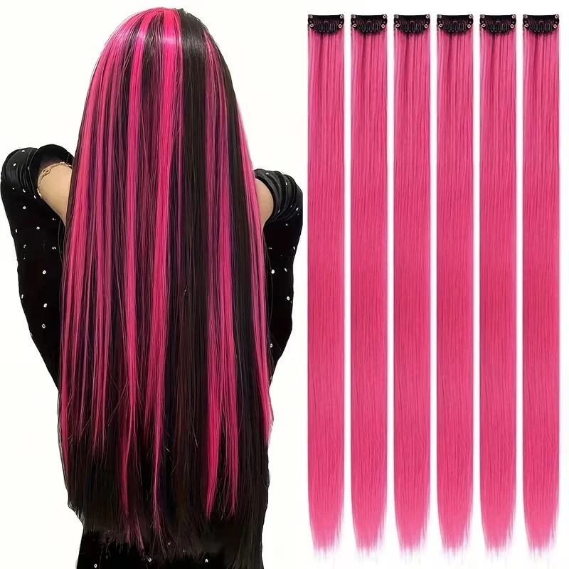 

22-дюймовые синтетические прямые длинные накладные пряди (6 шт.) с клипсами, модные цветные радужные пряди для женщин, для повседневного использования