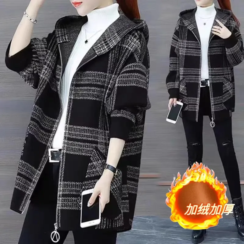 5XL Large Size Plush Thick Warm Coat Autumn Winter Women\'s Hooded Trench Coats Korean Loose Plaid Jacket Female Wild Zipper Tops