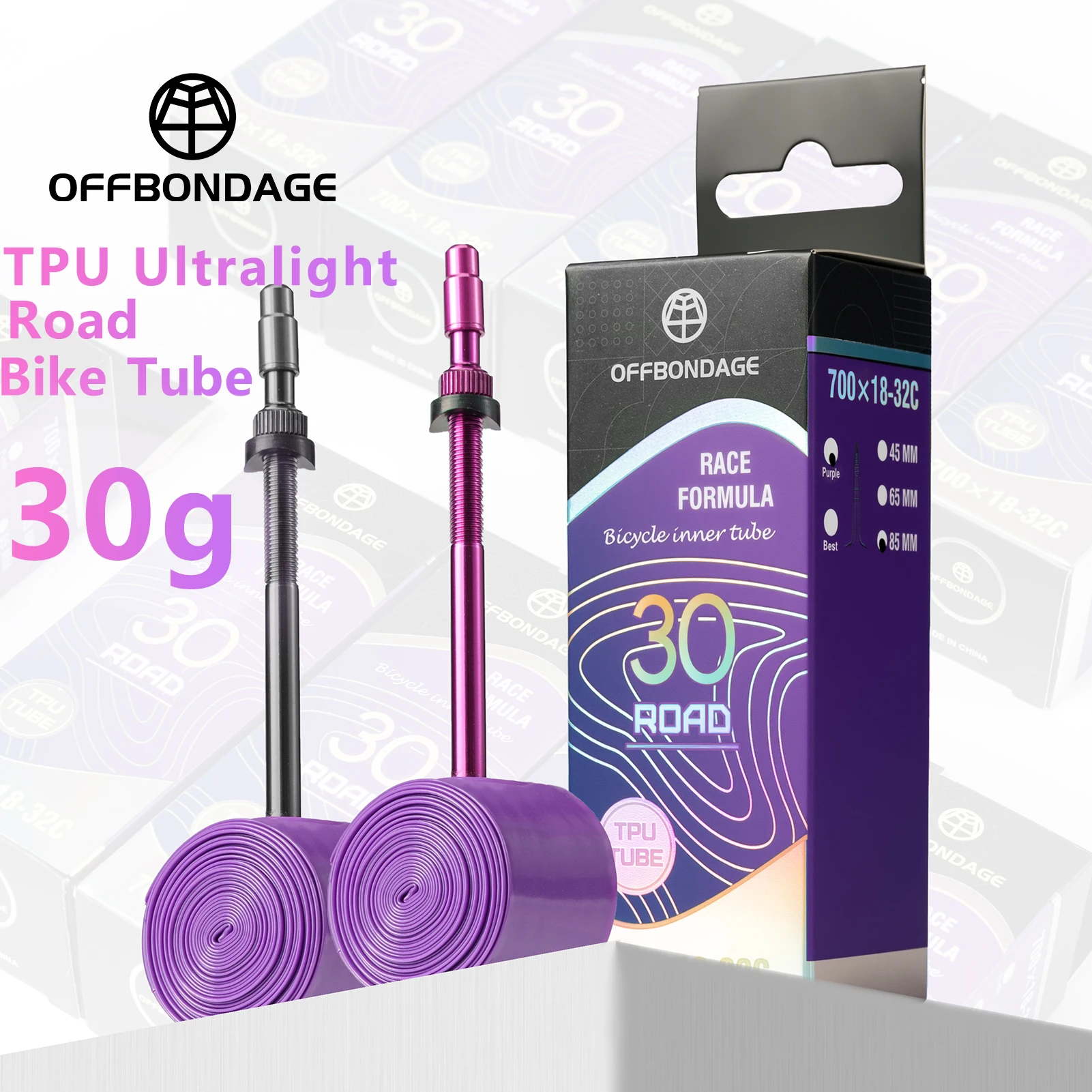 OFFBONDAGE Ultralight TPU Bike Inner Tube 30g 700c 18-32 Road Bicycle 45/65/85mm Inner Tube French Valve Cycling Wholesaler
