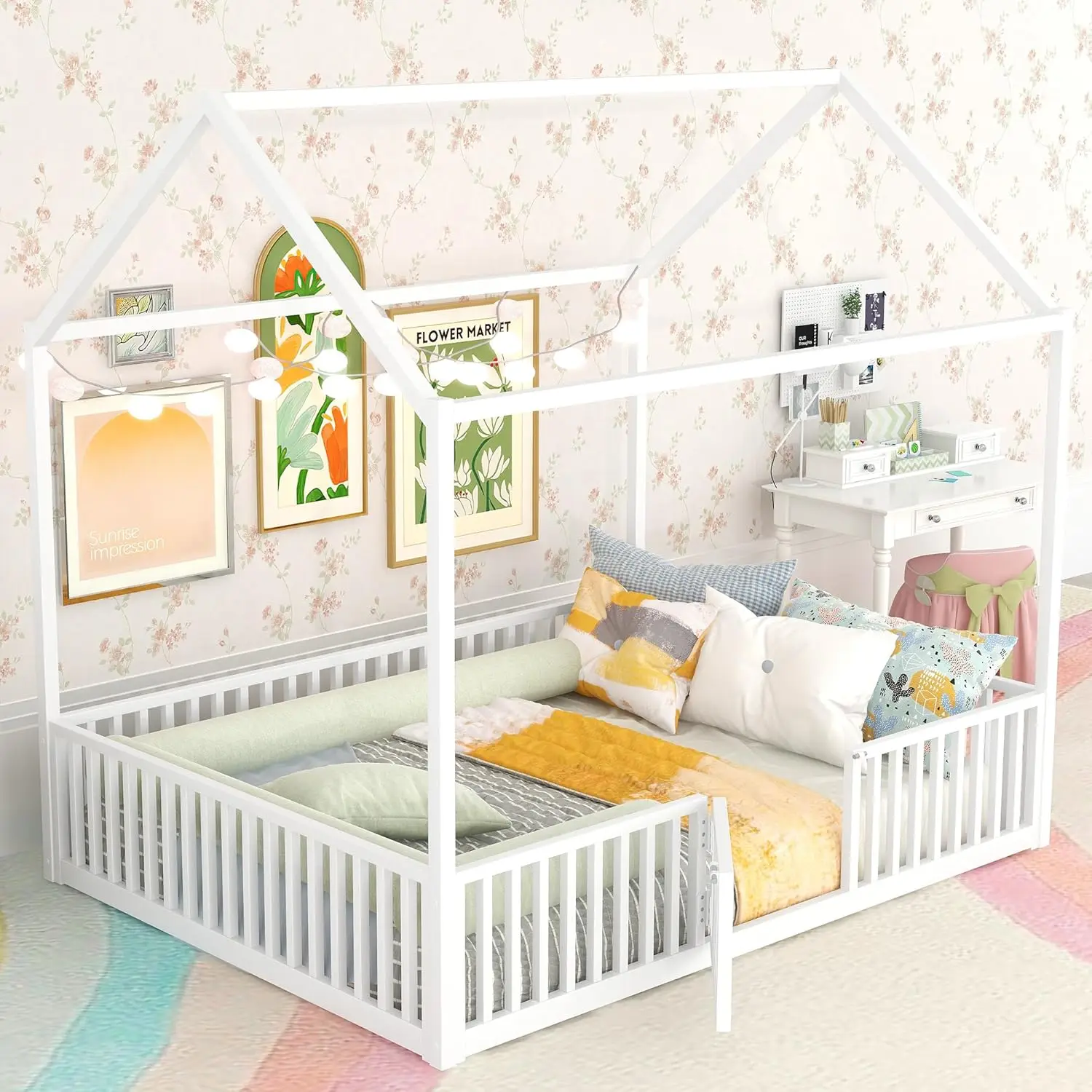 

Full Size Floor Bed with Door and Fence, Metal Montessori Bed with Roof/House Floor Bed for Kids(Full White), Customized