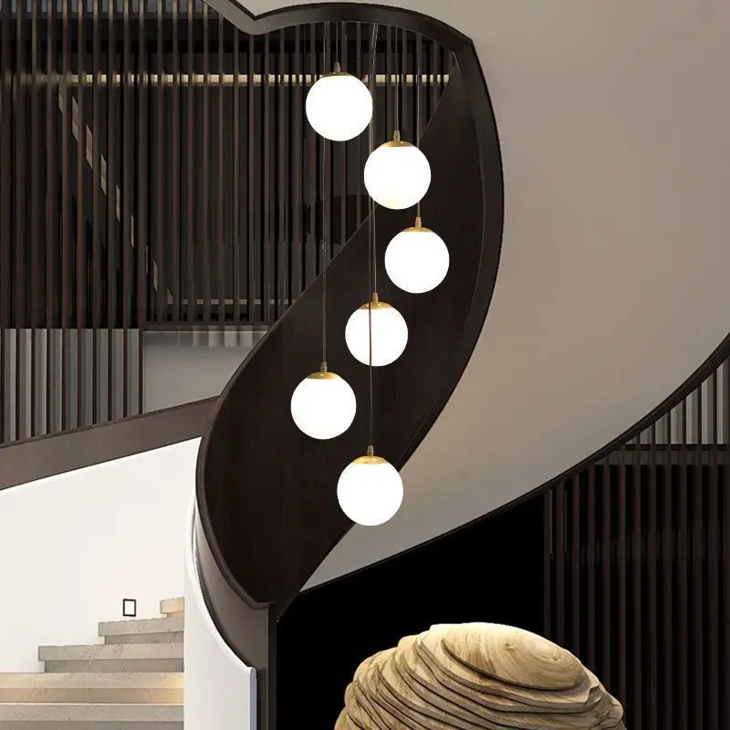 Imagem -04 - Nordic Stairwell Candelabro Lâmpadas Teto Longo Pendurado Luz Leitoso Branco Vidro Bola Sconces Restaurante Escadaria Villa Loft E27