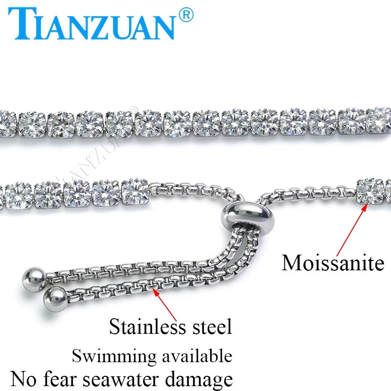 Stainless Steel Adjustable Tennis Bracelet 4mm Round cut Moissanite Hip Hop Trendy Jewelry Wedding Party Bracelet For Women Men