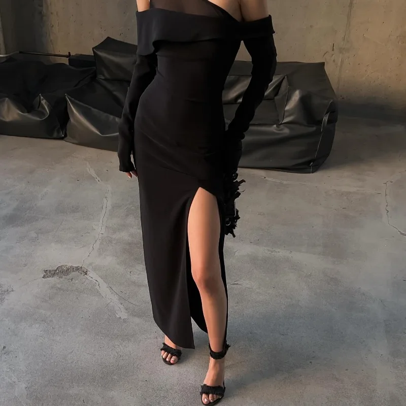 Cryptographic Fashion Elegant One Shoulder Split Long Dress Party Club Autumn Outfits Mesh Patchwork Black Sexy Dresses Vestido