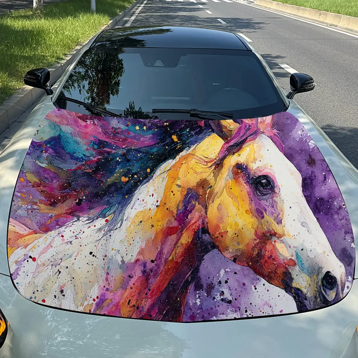

Trippy Colorful Horse Car Hood Stickers - Self-Adhesive, Waterproof and Durable Vinyl Wrap, Decorate And Protect Your Car - The