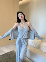 Modal Three Piece Pajamas Set Homewear Women Robe Strap Top&Pants Sleep Suit Casual Cotton Pijamas Sleepwear Lingerie