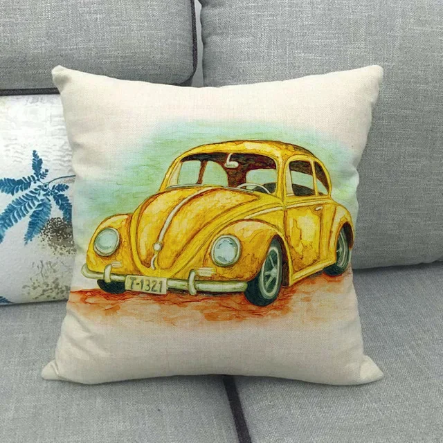 45cm * 45cm Unique Watercolor Car Beetle Design Linen / Cotton Pillowcase for Home Bedroom Hotel Car Decoration Pillowcase