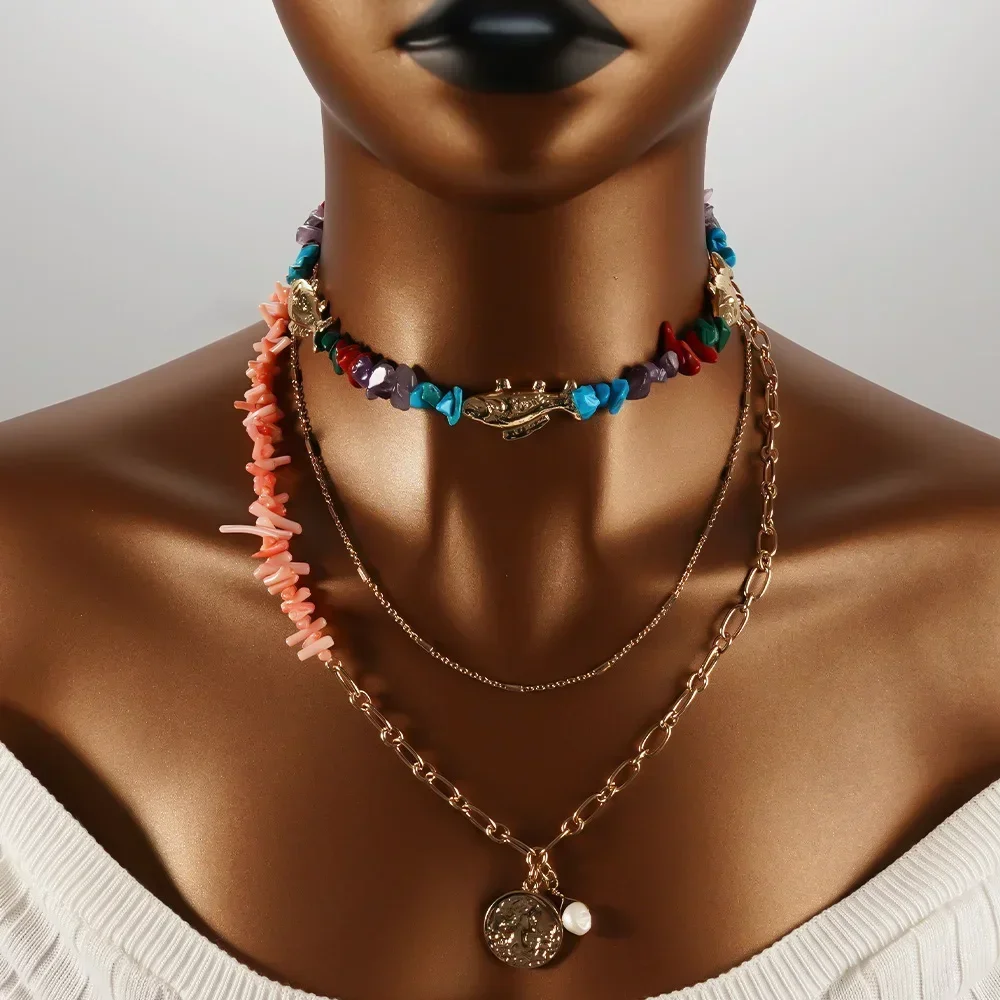

Pink Coral Necklace Natural Stone Fish Chain Bohemian Style Women's Fine Jewelry 2025 Fashion Jewelry