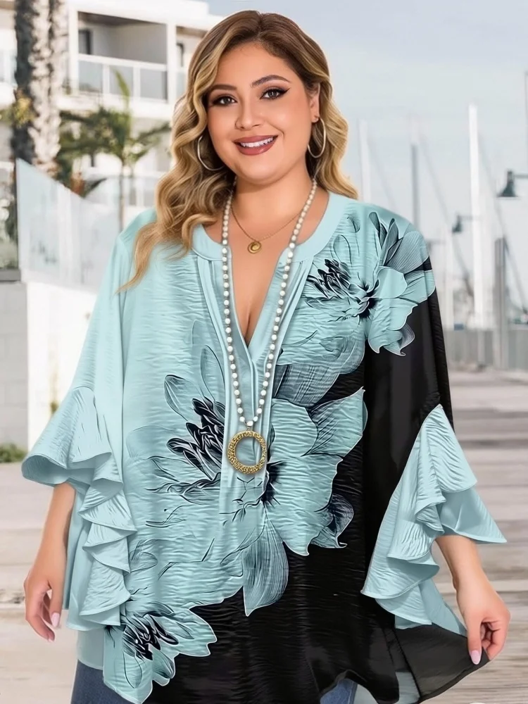 

PLUS SIZE Women's Half Sleeve Shirt Bohemian Cyan Floral Printing V Neck Daily Going Out Tops Casual Loose Commuting Blouses