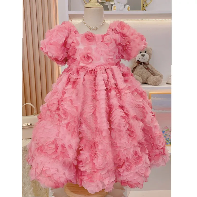 

Sweet Three-dimensional Flower Girls Princess Dress Kids Fashion Square Collar Short Puff Sleeve Dairy Casual Dresses y895