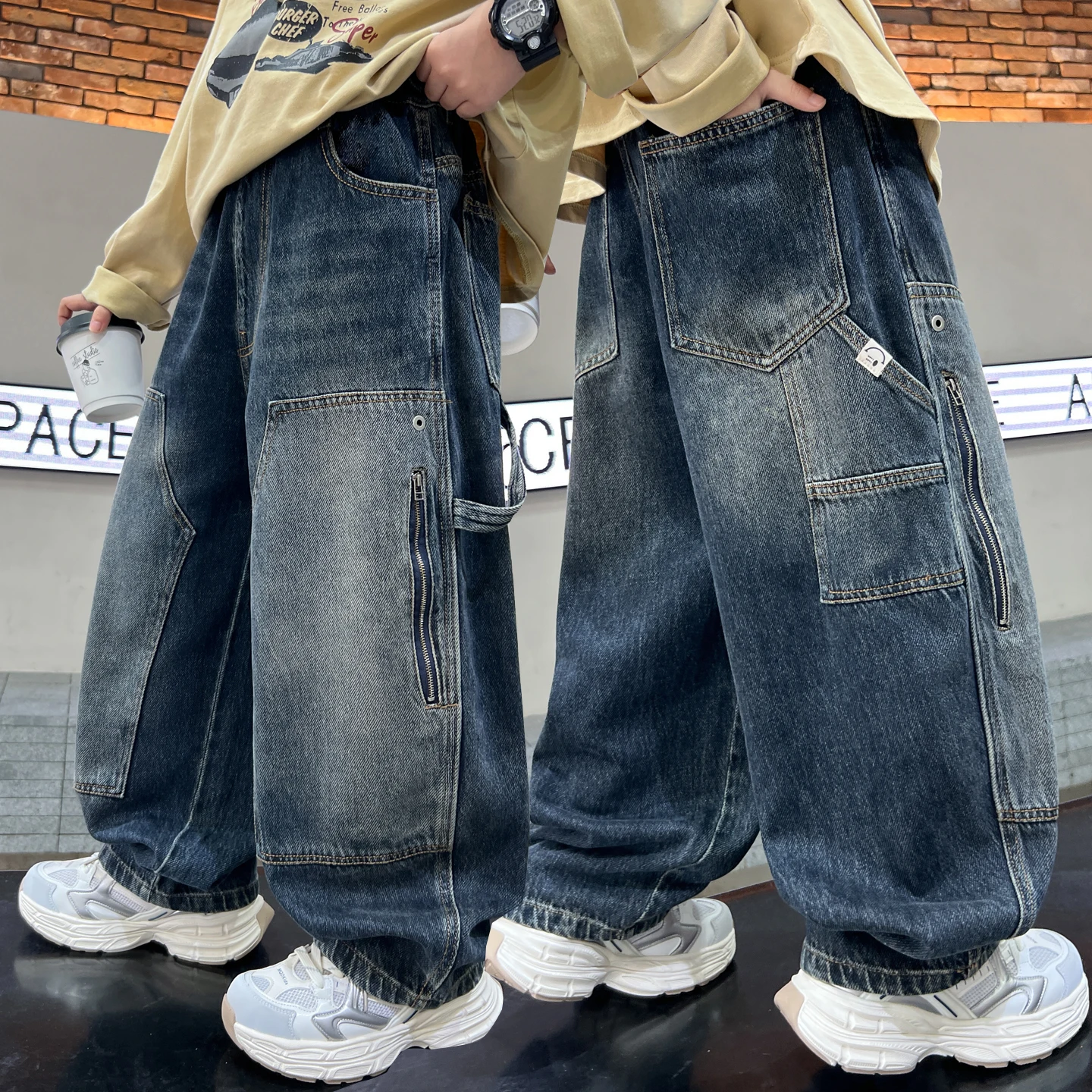 

Teenage Boys Cargo Jeans 2025 Spring Autumn New Kids Wide Leg Denim Pants For Children Loose Pockets Trousers Age 4-14Y