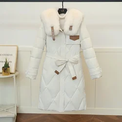 2024 Winter Women New Thickened Waist Imitation Down Jacket Imitation Big Fox Fur Collar Medium Long Belt Flip Collar High end