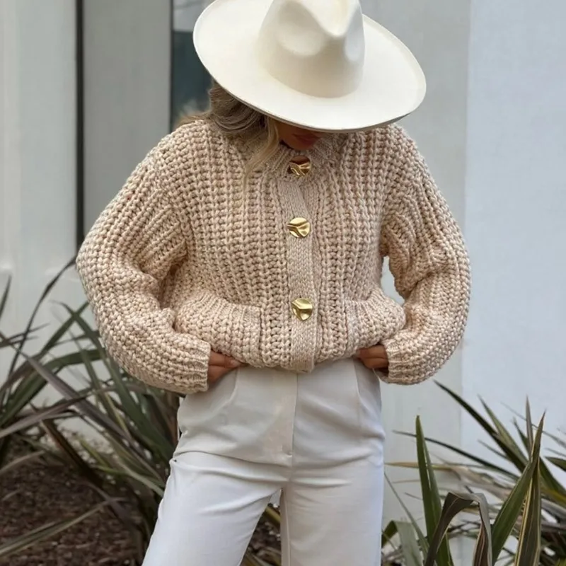 

Elegant Knitted Cardigan Women 2025 New Autumn Winter Solid Casual Single-breasted Round Neck Double Pocket Splice Sweater Coat