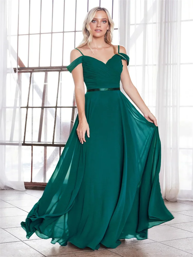 Hot Selling Off Shoulder V Neckline Chiffon Bridesmaid Dress Elegant Open Back Zipper Sweep Train Gowns For Wedding Guests 2024