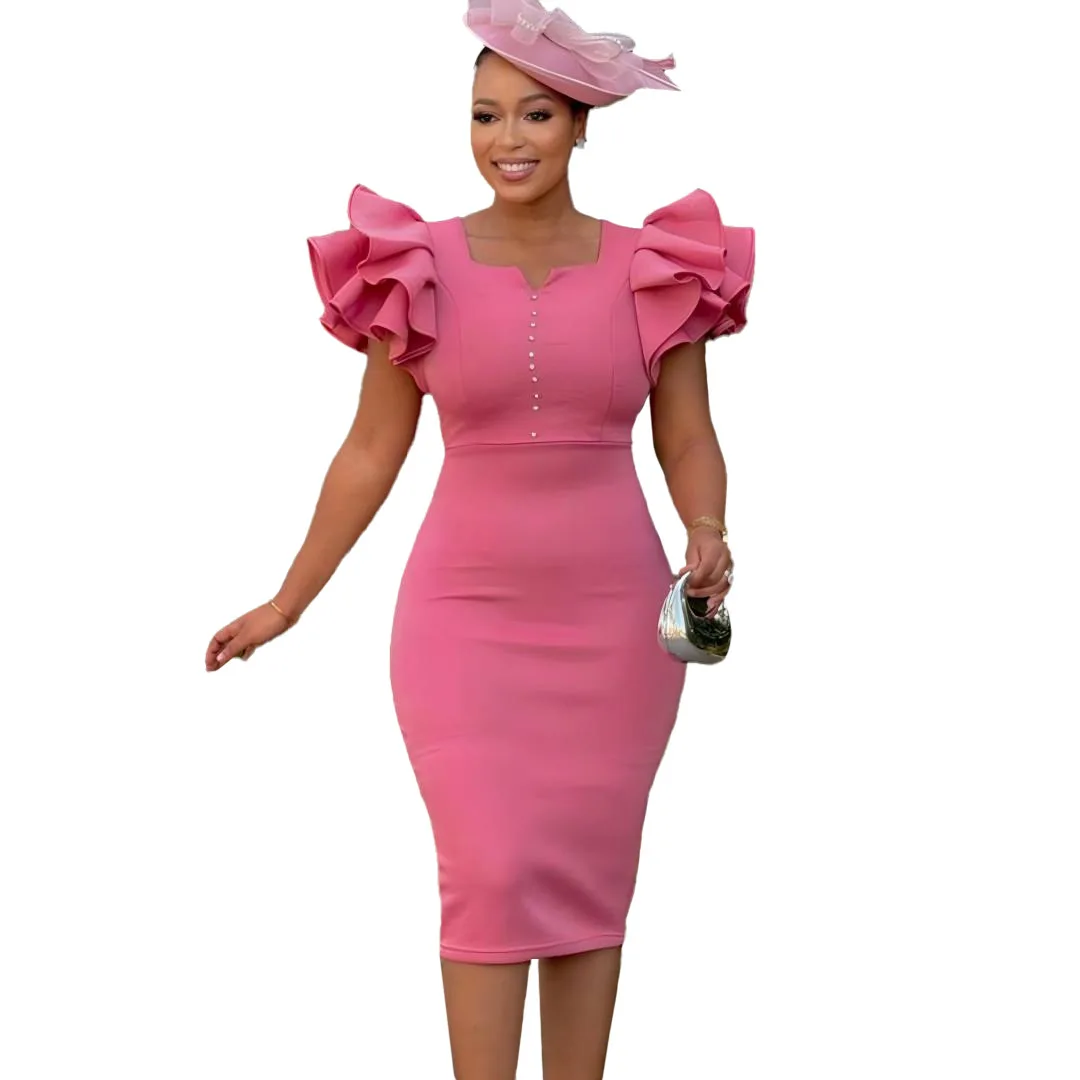 

Elegant African Dresses for Women Summer Short Sleeve V-neck Polyester Midi Bodycon Dress Outfits Dashiki African Clothing