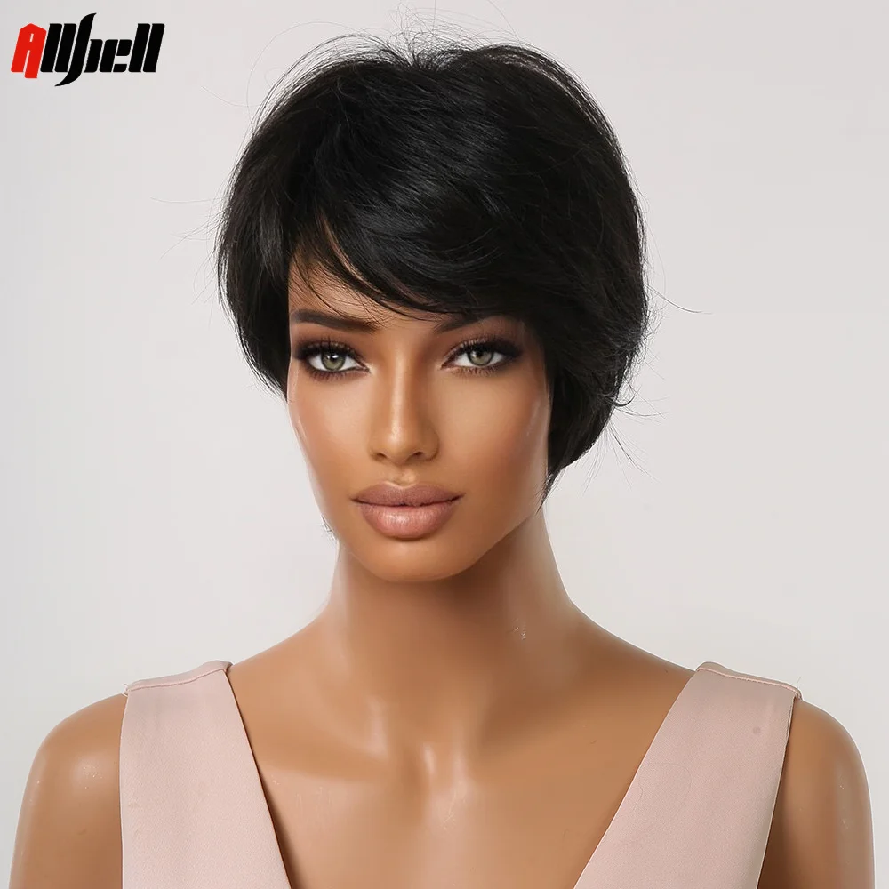 Wig Sintetis Hitam Bob Pendek dengan Poni Wig Wanita Potongan Pixie untuk Wanita Wig Afrika Rambut Pesta Sehari-hari Menggunakan Serat Tahan Panas