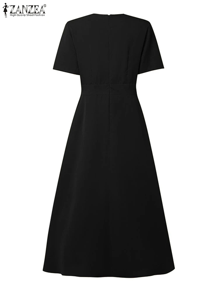 ZANZEA 플러스 사이즈 드레스 우아한 파티 여성 여름 짧은 소매 솔리드 Sundress 허리 이브닝 롱 베스 티드 캐주얼 가운 5XL