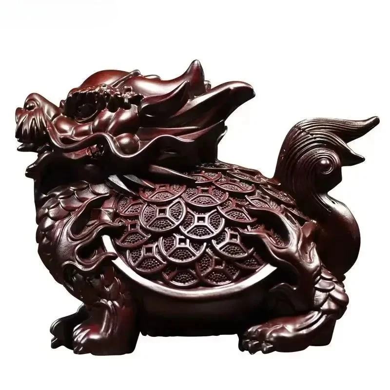 Black sandalwood carved dragon turtle ornaments Living room home decoration Crafts Statue sculpture  gifts Feng Shui Accessories