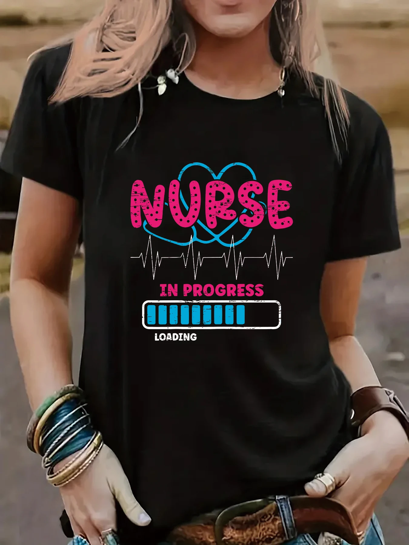 Creative design of LOVE and stethoscope Graphic TShirt Women Summer Original Short sleeve Fashion Tops Caring for Women's Health