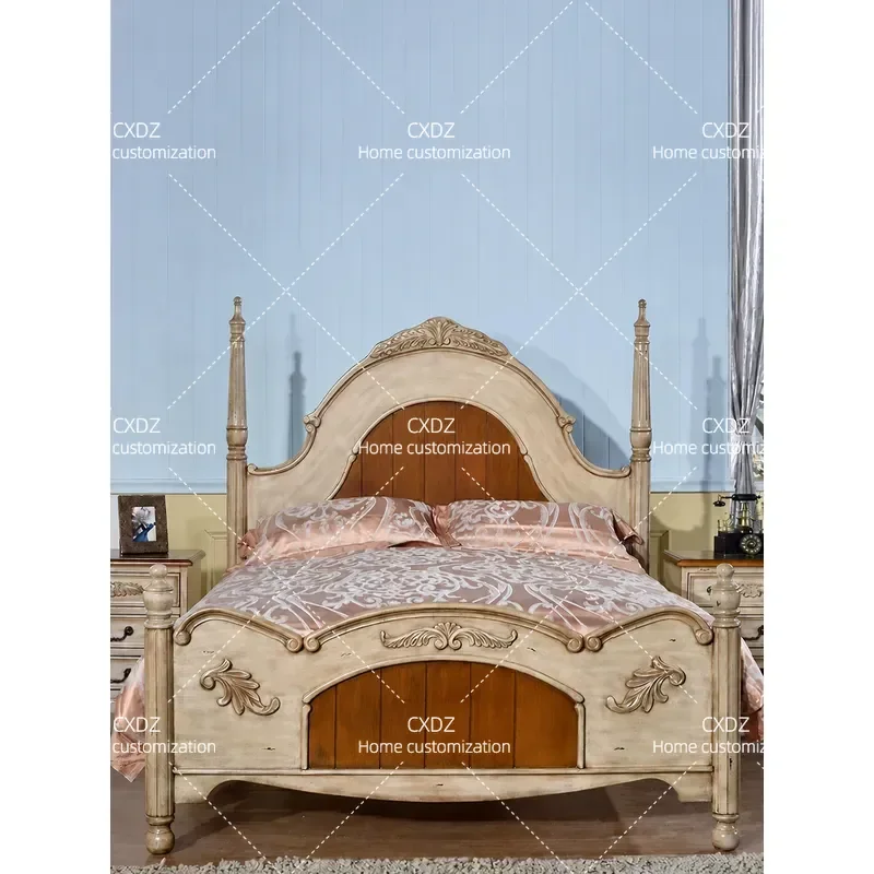 Country Style Solid Wood Bed 1.5m Double Bed for Second Bedroom European Retro Simple Design Furniture