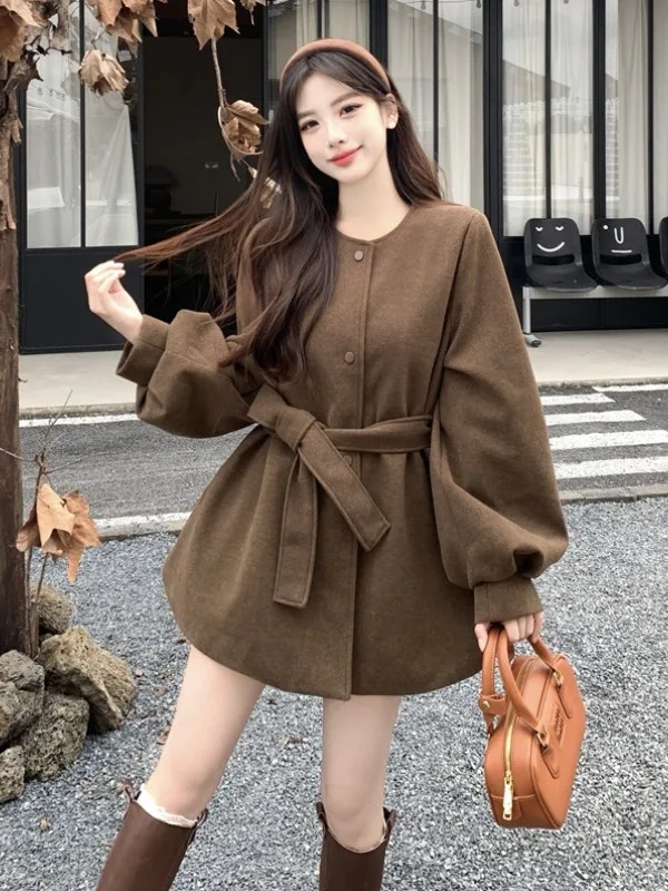 Women's Woolen Coat Mid-Length Waist-Cinching Cotton Lined Outerwear Korean Style Long Sleeve round Neck Daily Wear plus Size