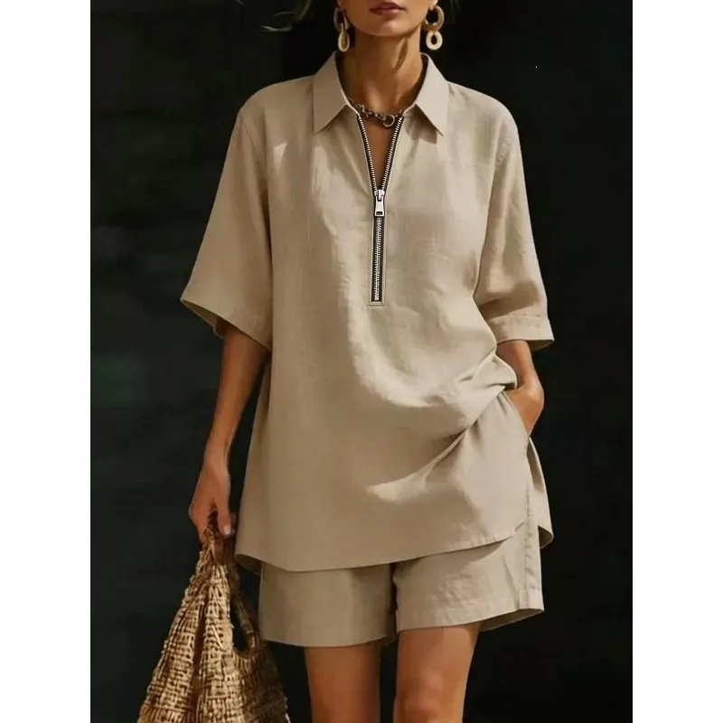 

Women Solid Color 2 Piece Outfit Zip Collar Short Sleeve Shirt And Loose Shorts Set Casual Linen Matching Suit Summer Streetwear