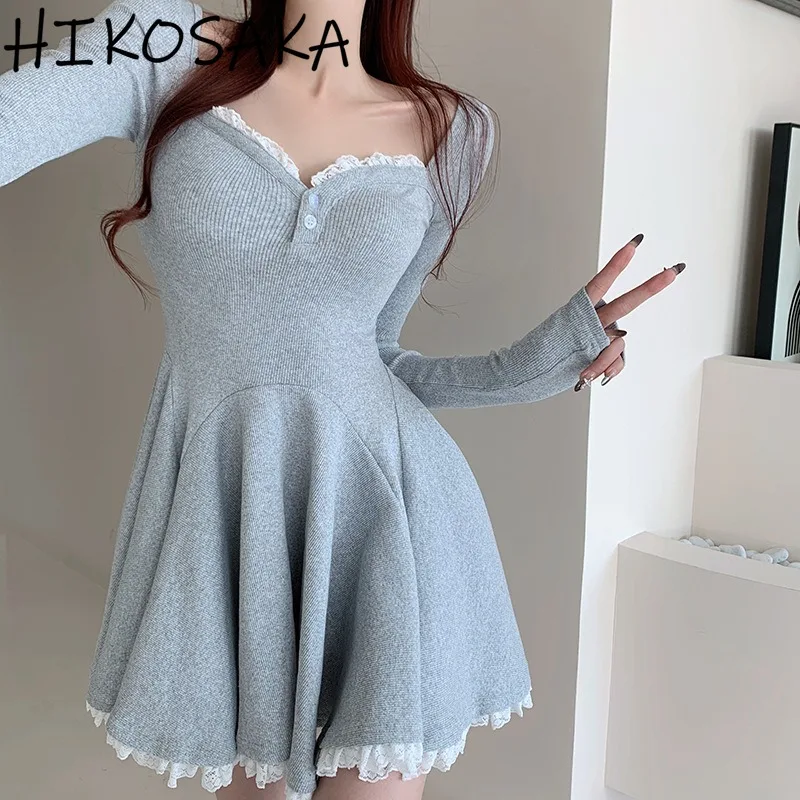 

Lace Pacthwork Sweet Long Sleeve Dress Women Square Collar Long Sleeve Slim High Waist Pleated Robe Solid Casual Y2k Vestidos