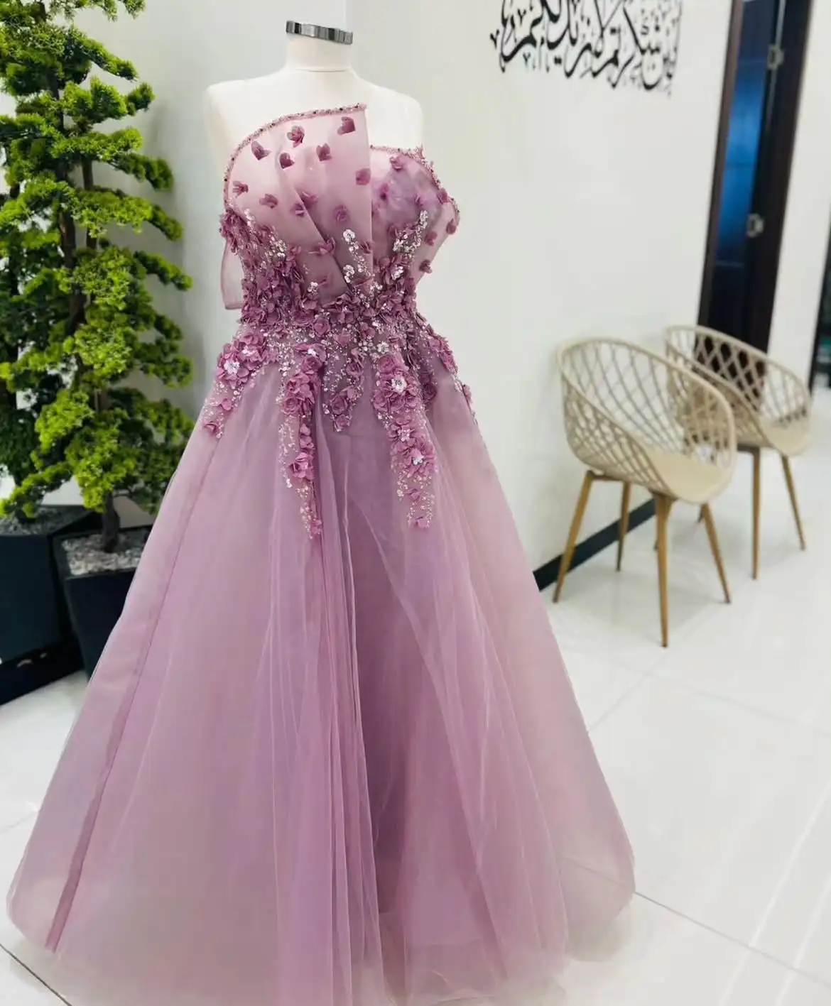 Dusty Lavender Multi-Layer Airy Tulle Full A-Line Floor Length Prom Evening Gown Strapless Diagonal Fold Asymmetric Sweetheart N