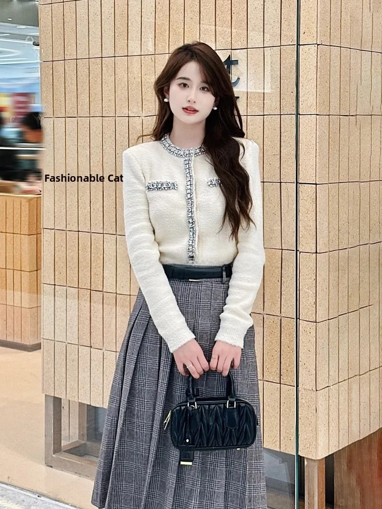 Faionable retro cintura alta midi xadrez saia plissada para deslocamento outono nova chegada saia de mistura de poliéster feminino