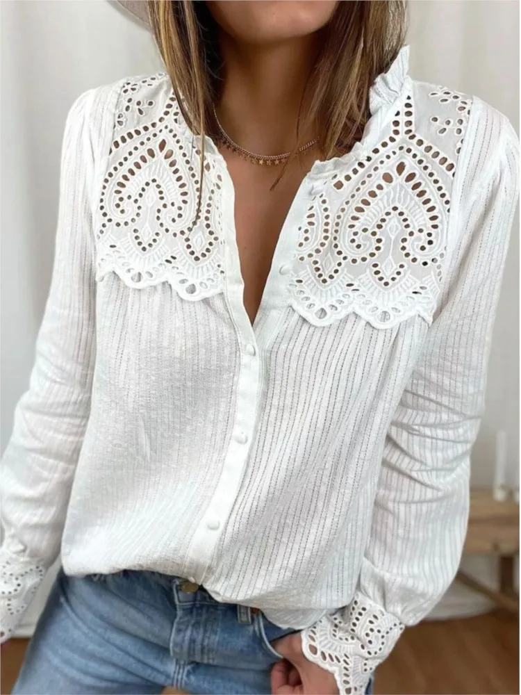 High Quality Loose Cotton Women Blouses 2023 Autumn White Lace Shirt Tops Fashion Casual Round Neck Long Sleeve Button Blouse